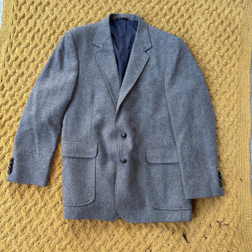 Vintage Haggar Imperial Grey Herringbone Wool Blazer Sport Coat Mens 44 Academia